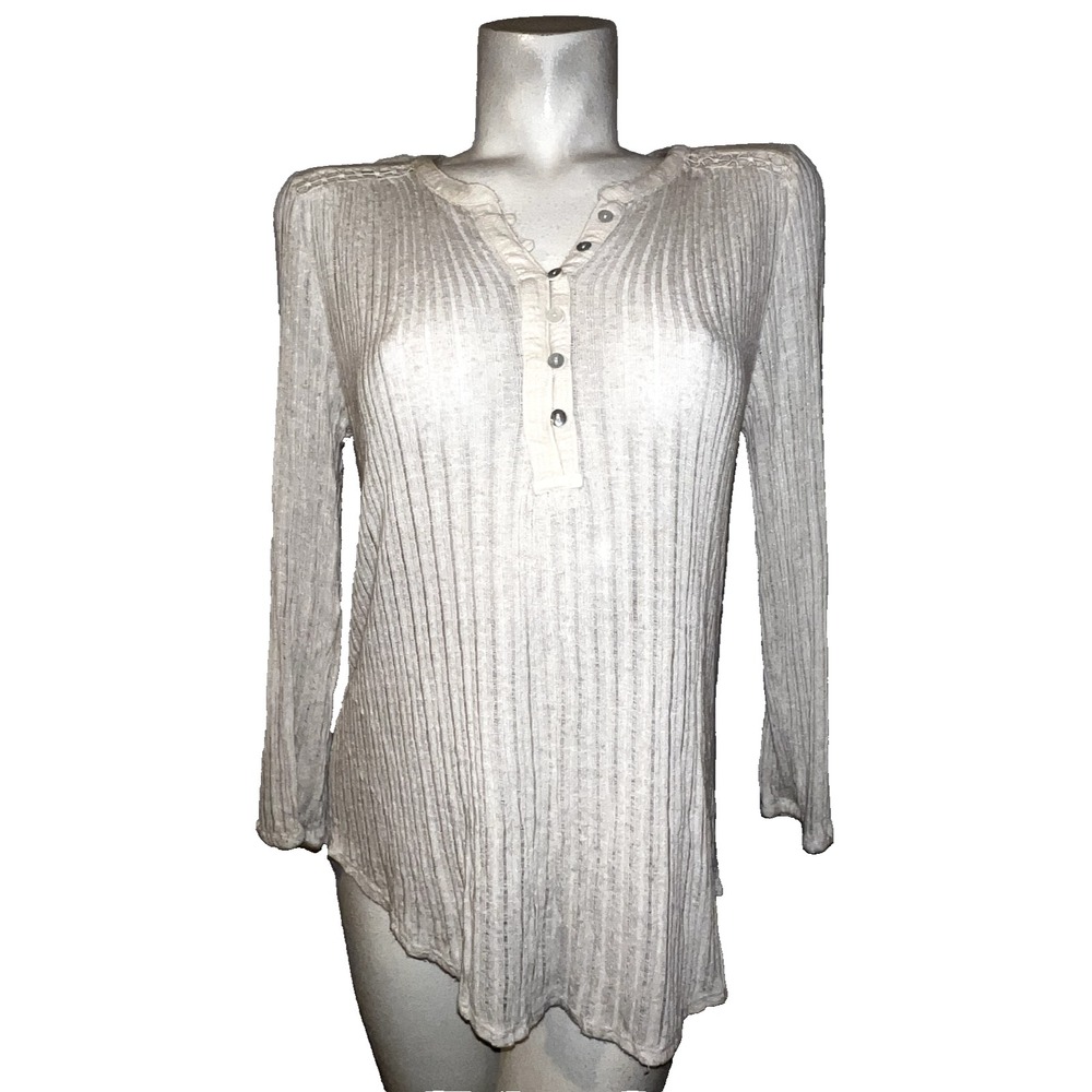 Lucky Brand Womens Ivory Ribbed Henley Top Crochet Lace Detail Size M